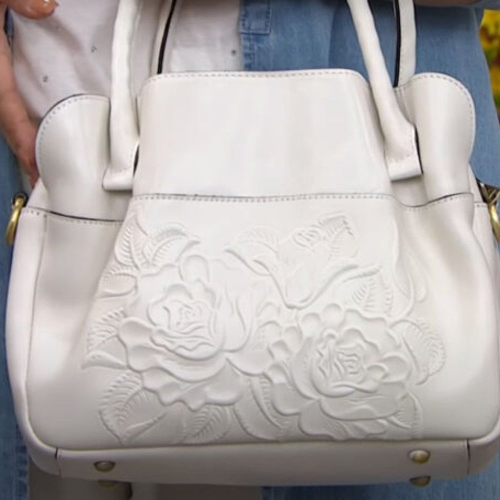 PATRICIA NASH chalk white TOOLED ROSE leather handbag MED sz NWT $269 satchel